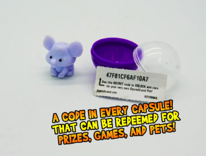 A purple toy mouse next to a purple container.