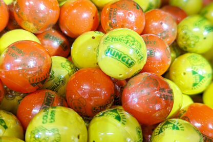 A pile of orange and yellow balls with the word jungle written on them.