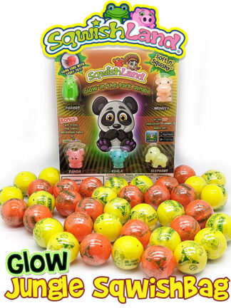 A display of squish land glow in the dark jungle squishies.