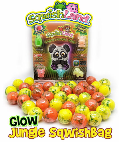 A display of squish land glow in the dark jungle squishies.