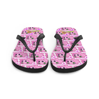 A pair of pink flip flops with sunglasses and hearts.