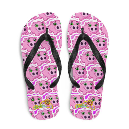 A pair of pink flip flops with faces on them.