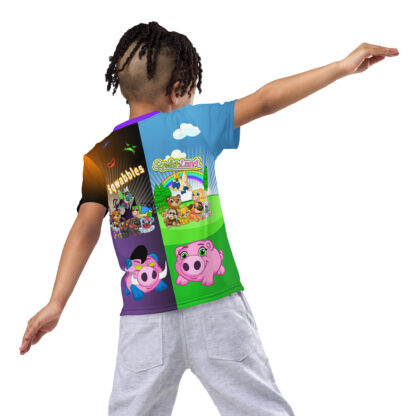 A child wearing a t-shirt with different images on it.