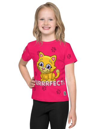 A girl wearing black pants and a pink shirt with a yellow cat.