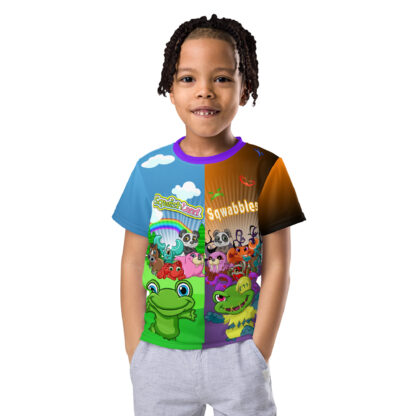 A kid wearing a t-shirt with different designs