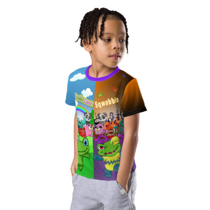 A kid wearing a t-shirt with different pictures of the same character.