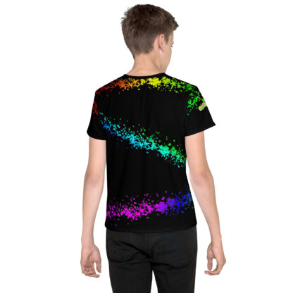 A person wearing a black shirt with rainbow paint