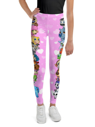 A girl wearing pink leggings with cartoon characters on it.