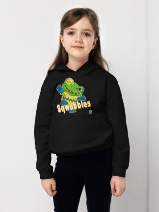 A little girl wearing black hoodie with squibbles logo