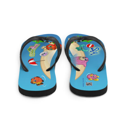 A pair of flip flops with the image of an ocean and beach.