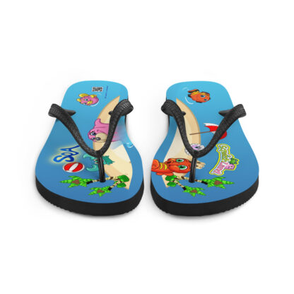 A pair of flip flops with the image of a fish and flowers.