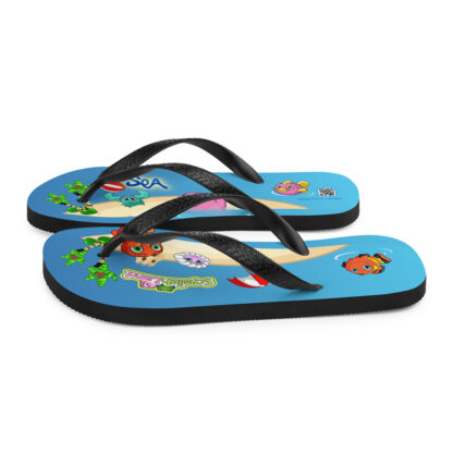 A pair of flip flops with the image of a surfboard and flowers.