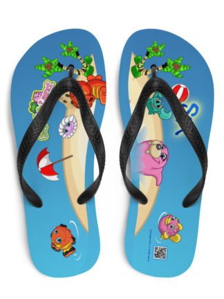 A pair of flip flops with pictures on them.