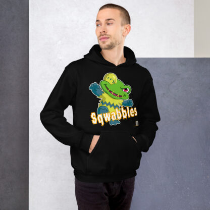 A man in black hoodie with squoobbles logo.