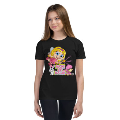 A girl wearing black shirt with cartoon character