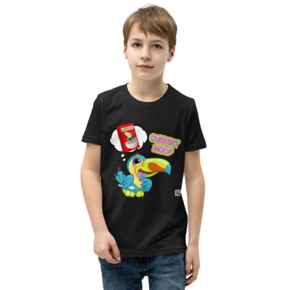 A boy wearing a black t-shirt with cartoon images.