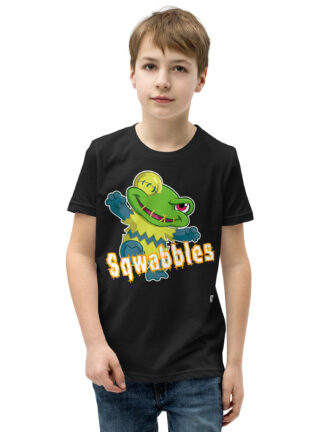 A kid wearing a black t-shirt with the word squabbles on it.