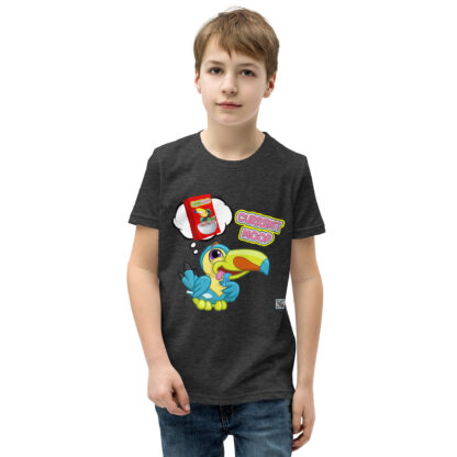 A boy wearing a black t-shirt with cartoon images.