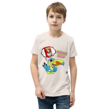 A boy wearing a white t-shirt with cartoon images.