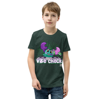 A kid wearing a t-shirt with the words " vibe check ".