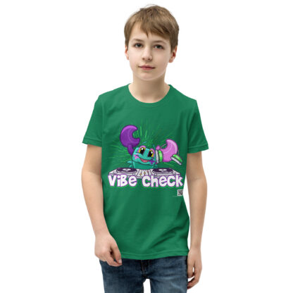 A kid wearing a green shirt with the words " vibe check ".