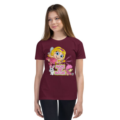 A girl with blonde hair is wearing black pants and a maroon shirt