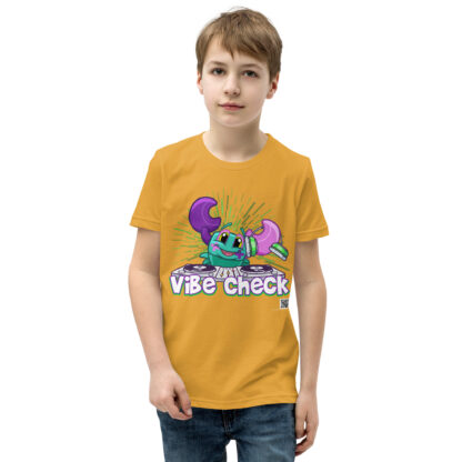 A boy wearing a t-shirt with the words " vibe check ".