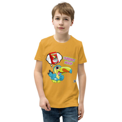 A kid wearing an orange shirt with a bird on it.