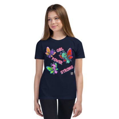 A girl wearing black pants and a t-shirt with colorful butterflies.