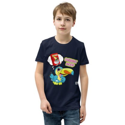 A boy wearing a navy blue t-shirt with cartoon images.