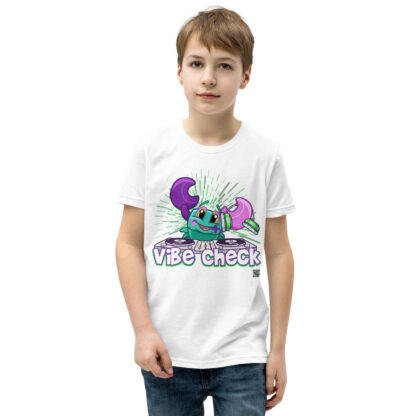 A kid wearing a t-shirt with the words vbe check on it.