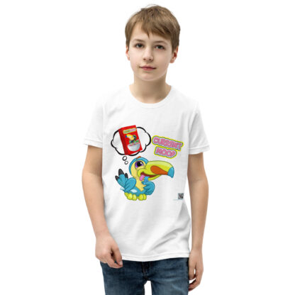 A kid wearing a white t-shirt with cartoon images.